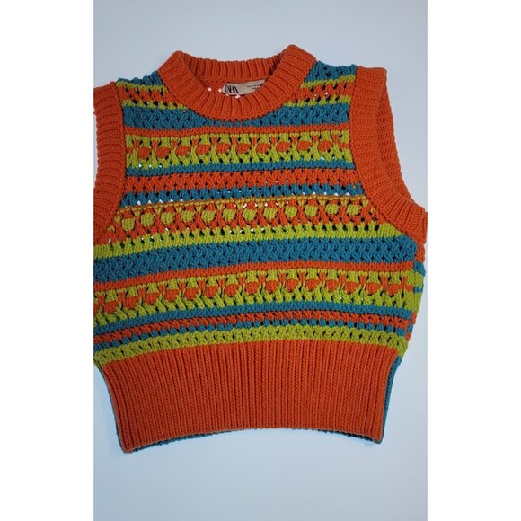 ZARA WOMEN COLORBLOCK VEST TEXTURI SZ MEDIUM COLOR ORANGE/GREEN CROPED - Picture 2 of 10